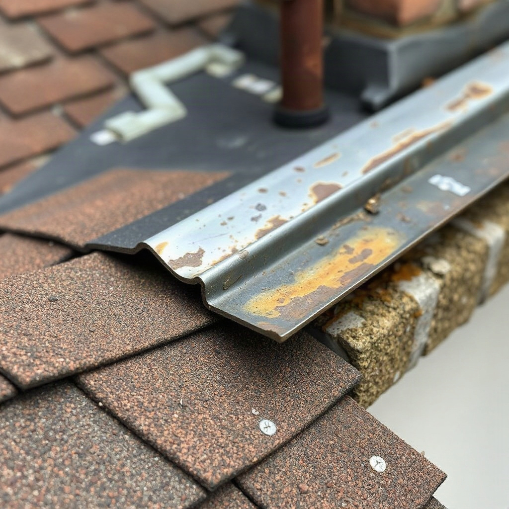 Close up of deteriorated or rusted metal flashing where a chimney meets a roof