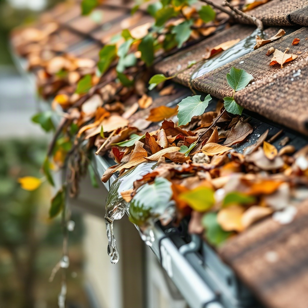 Gutters packed with leaves and small branches, showing water overflow at the edge