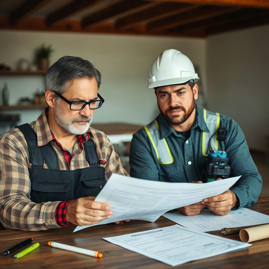 Homeowner reviewing documents and contract with a contractor in work attire, both seated at a table