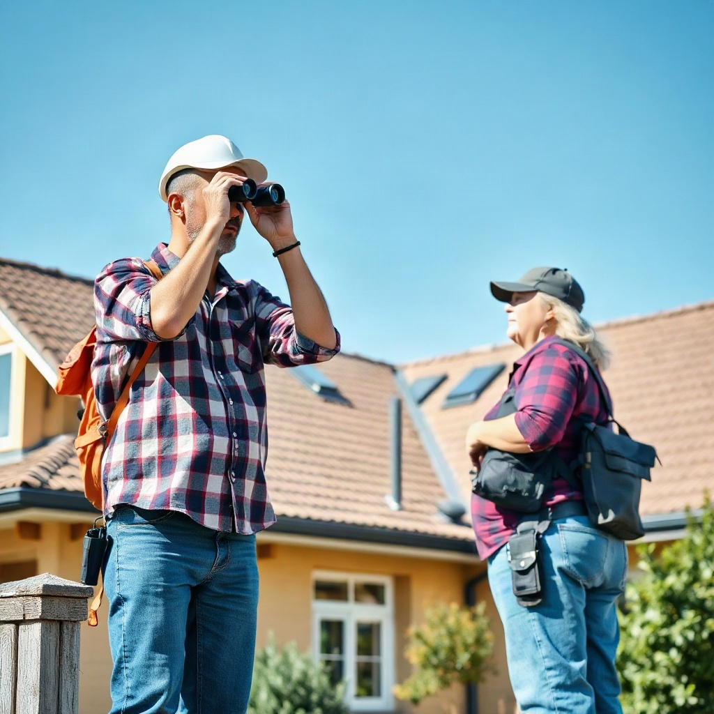 A homeowner in casual clothes using binoculars to inspect a roof from the ground while standing near the roof line